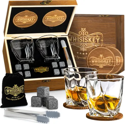 Image de Whisiskey - Set de verres à whisky - Set cadeau whisky pour homme - Verres à whisky - Cadeau homme - Coffret cadeau, verres à whisky, pierres & accessoires