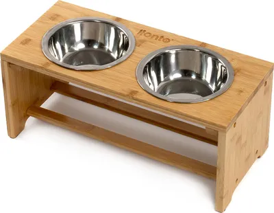 Immagine prodotto di stazione di alimentazione per cani lionto, elegante barra di alimentazione in bambù con piedini antiscivolo e 2 ciotole in acciaio inox, 44x20x19 cm