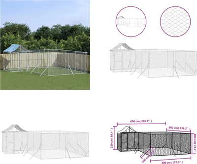 Image de vidaXL Chenil extérieur avec toit argenté 6x6x2,5m Acier galvanisé - niche pour chien extérieur - chenil extérieur - cage pour chien