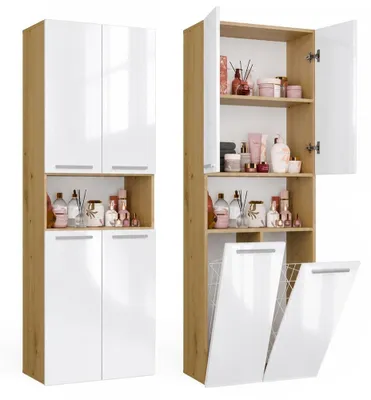 Produktbild von Badezimmerschrank NEL 2K DK, Regalkorpus, Säule, 2 Wäschekörbe, weiß, glänzend, Nachbildung Eiche Artisan