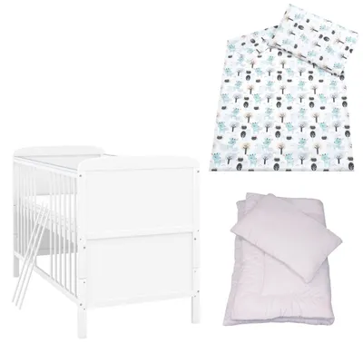 Produktbild von Baby-Delux Babybett Kinderbett Natalie Umbaubar 140x70 Weiß Bettset 4-Tlg Komplett Waldreh