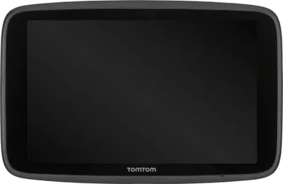 A front view of a black TomTom navigation device.