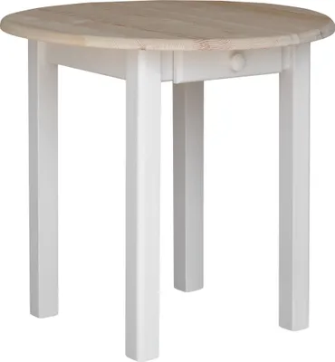 Obrázek produktu pro Bílý kulatý stůl se zásuvkou z masivního borovicového dřeva s nelakovanou deskou 90 cm