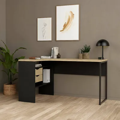 Produktbild von Schreibtisch Patience, Mehrzweckschreibtisch, Bürotisch für PC, Eckschreibtisch, 145x81 h77 cm, Schwarz und Eiche