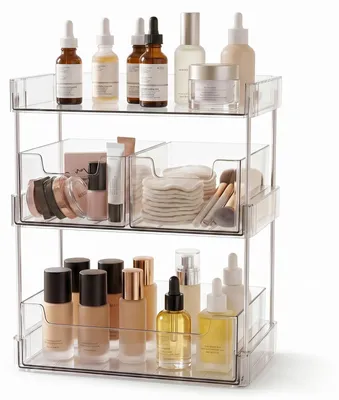 Immagine prodotto di Organizzatore per trucchi trasparente, con 3 ripiani, cassetti estraibili, ideale per il bagno