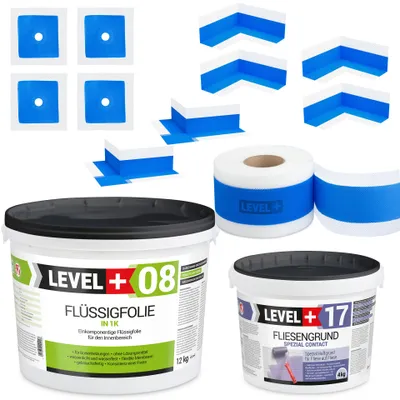 Zdjęcie produktu dla Hydroizolacja Zestaw Folia w płynie 12kg Grunt na płytki 4kg Taśma 20mb Level+ SET339