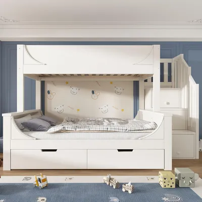 Produktbild von okwish Etagenbett 90x200/140x200cm Kinderbett ohne Matratze,Holzbett mit Leiterschrank und Schubladen,Jugendbett mit Rausfallschutz und Lattenrost,Weiß