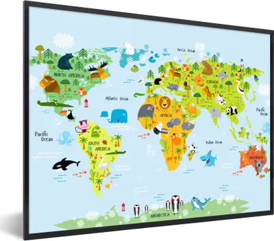 Produktbild von MuchoWow® Gerahmtes Poster Weltkarte - Kinder - Tiere - Natur - Jungen - Mädchen 80x60 cm - Poster mit Schwarzem Bilderrahmen Wandposter Rahmen Foto Bilder - Schwarzem - Mit Gestell