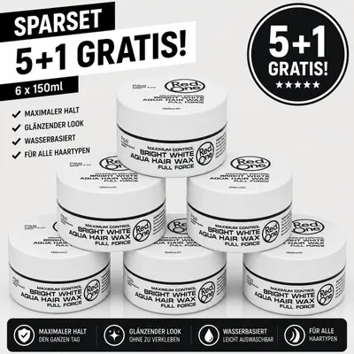 Obrázek produktu pro Red One Bright White Aqua Gel – balzám na vlasy, 6 kusů po 150 ml. Balení obsahuje balzám na vlasy pro silnou fixaci, efekt mokrých vlasů, lesk, styl jako od kadeřníka, pánskou úpravu, vhodné pro krátké vlasy. Ideální pro profesionální použití i pro každodenní úpravu