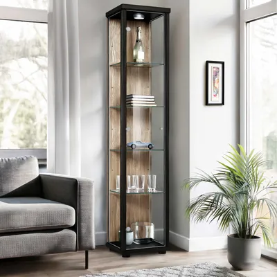 Zdjęcie produktu dla Szafka witryna K-Möbel stojąca (176 x 37 x 33 cm) – wyprodukowana w Niemczech – szafka witryna czarna / dąb sonoma z 4 regulowanymi półkami szklanymi i oświetleniem LED
