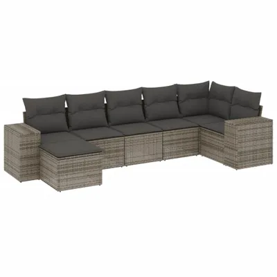 Produktbild von Modulares Gartenmöbel-Set, 7-tlg. Loungesofa mit Stauraum, Poly Rattan Grau, abnehmbare Kissenbezüge, UV-beständig