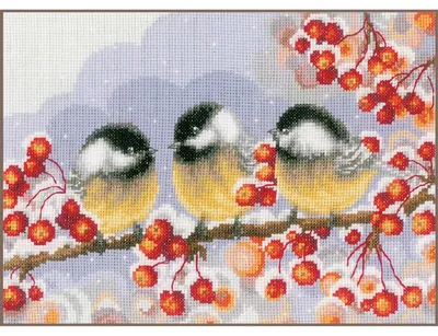 Image de Kit de broderie au point de croix Vervaco «Trois merles parmi les baies», schéma compté, tissu Aida 14, dimensions 27x19 cm