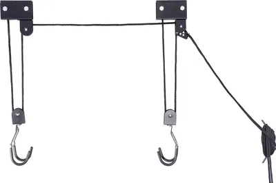 A ceiling hoist system for lifting items, likely a bicycle, with two hooks and a rope mechanism.