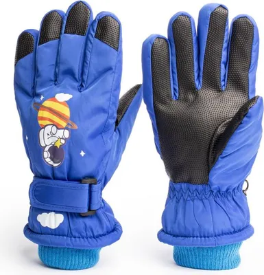 A pair of blue children's winter gloves with a space-themed design.