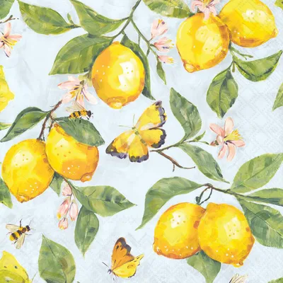 Produktbild von 20 Servietten Fresh Lemons blue - Schmetterlinge an frischen Zitronen blau 33x33cm