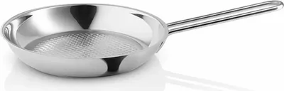 A stainless steel frying pan with a honeycomb pattern on the bottom, shown from a side angle on a white background.