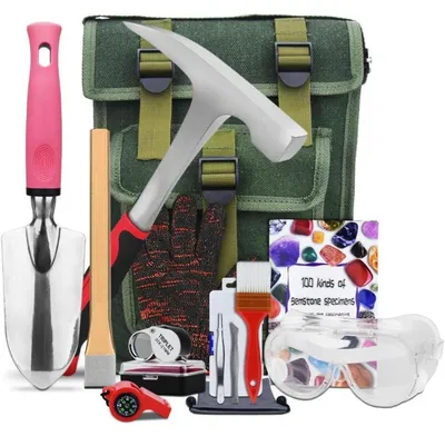 Produktbild von Geologie-Werkzeugset 14 Teile mit Geologiehammer, Goldschwenk-Ausrüstung, Edelstahl, inkl. Tasche