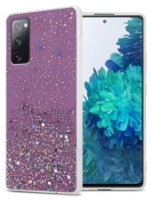 A phone case with glitter is shown next to a smartphone.
