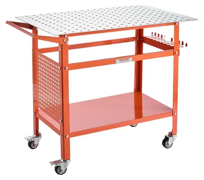 Produktbild von VEVOR Schweißtisch, 40" x 24" Schweißarbeitsbank mit 800LBS statischer Tragfähigkeit, beweglicher Stahlarbeitsplatz mit 4 Rädern (2 mit Bremse), doppellagiger Ablageboard und 5/8-Zoll Befestigungslöchern
