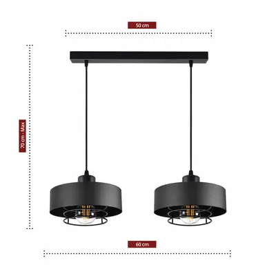 A diagram of a black, two-bulb pendant light with dimensions indicated.