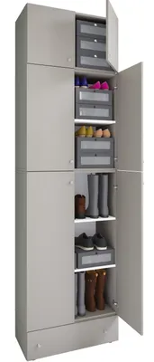 Immagine prodotto di Armadio per scarpe in legno | Dimensioni: H. 240 x W. 70 x D. 39 cm| Armadio multiuso | 5 scomparti | 4 porte girevoli | Attacco con 2 porte | cassetto extra– Lona