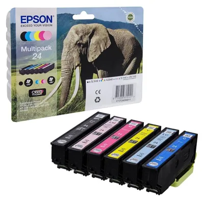 Obrázok produktu pre Epson Elephant 6-farebný atrament Claria Photo HD 24 slon multipack, Štandardná výťažnosť, Čierna, Azúrová, Svetlo azúrová, Purpurová, Svetlo purpurová, Žltá, 5,1 ml, 4,6 ml, 6 kusov, Viacnásobné balenie