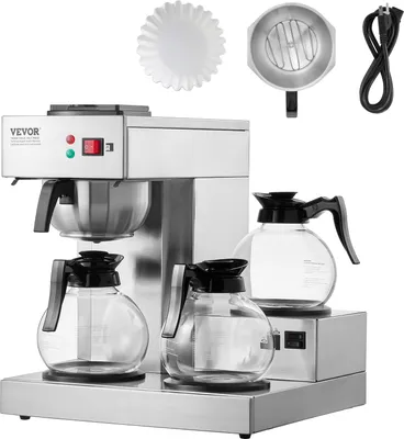 A commercial coffee maker with two carafes and accessories, presented on a white background.