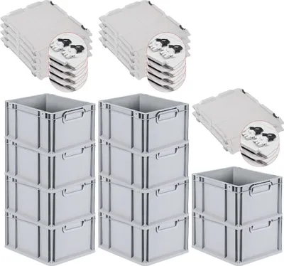 Produktbild von SuperSparSet 10x Eurobox NextGen Economy mit Scharnierdeckel und schwarzen Schiebeschnappverschlüssen | Griffe geschlossen | HxBxT 22x30x40cm | 20 Liter | Eurobehälter, Transportbox, Transportbehälter, Stapelbehälter