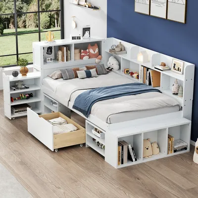 A white bed frame with built-in storage and shelving, placed in a room with a large window and blue wall.