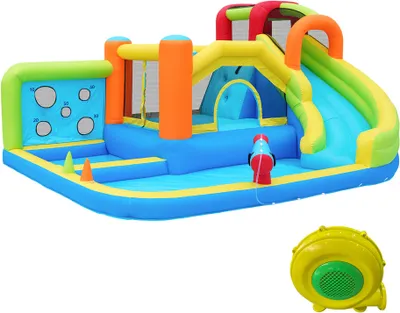 Produktbild von Huepfburg 410x315x203cm Blau Wasserpark Trampolinpark Multifunktionaler Wasserrutsche Wurfpunktwand Basketballkorb Kletterwand Geblaese Spielspass