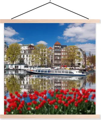 Produktbild von MuchoWow® Textilposter Amsterdam - Boot - Blumen 60x60 cm mit holzfarbenen Rahmen - Wanddekoration