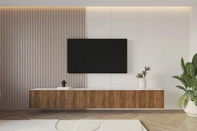 Produktbild von ALTDECOR TV-Schrank KITO-W mit Gefrästen Fronten 3x100x40x40 Lowboard hängend, TV Möbel, TV Cabinet, Fernsehtisch, Fernsehschrank, TV Kommode, TV Tisch, TV Sideboard, TV Board - Weiß / Katania
