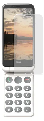 A flip phone with a screen protector applied.
