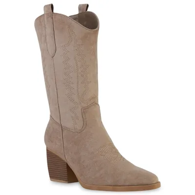 Obrázok produktu pre VAN HILL dámske čižmy kovbojské čižmy vyšívané topánky 838384, farba: khaki semiš, veľkosť: 38