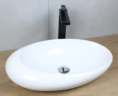 Produktbild von Keramik Waschbecken oval 585x375x145 weiß ohne Überlauf Aufsatzwaschbecken mit Pop-Up Ablauf chrom