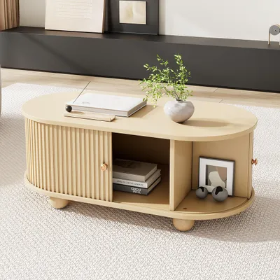Produktbild von Sweiko Couchtisch mit Stauraum und Schiebetüren platzsparendes,Ovaler Couchtisch