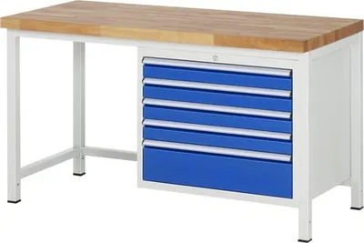 Produktbild von Werkbank mit 5 XL Schubladen - Vollauszug - 90:4 / 180:1 - 840 x 1.500 x 700 mm (HxBxT) - Traglast 1.250 kg - Buche