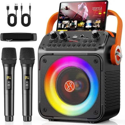 Produktbild von Karaoke-System – Partybox – Musikwiedergabe – Mit 2 Mikrofonen – 26 x 31 x 16 cm – Schwarz