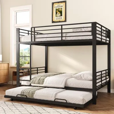 Produktbild von schwere Leistung Metall 140x200 cm mit Ausziehbett , Stockbett mit Rausfallschutz und Leiter für Kinder & Jugendliche, Schwarz