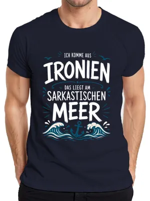 Immagine prodotto di T-shirt da uomo, taglia L, colore blu navy, con scritta "Vengo da un mare di ironia e sarcasmo"
