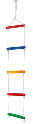 A colorful rope ladder with five rungs, suspended from a metal ring.
