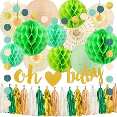 Zdjęcie produktu dla Dekoracja baby shower zielona złota papierowe pompony impreza na narodziny