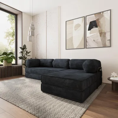 Produktbild von Masseno Ecksofa ETERA mit Metallgestell, Modulares Schlafsofa aus Schaumstoff, Klappbares Bodensofa, Schlaffunktion - Schwarz, POSO 135