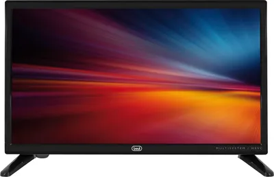 A black television set with a colorful abstract image displayed on its screen, resting on its black stand.