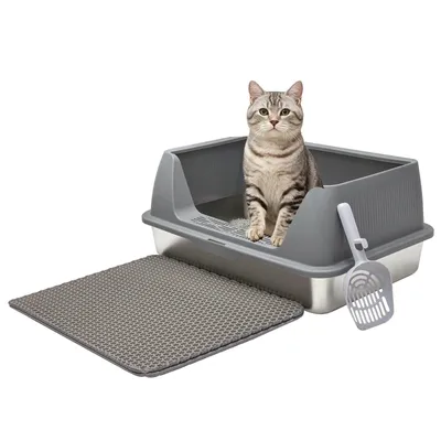 Produktbild von Katzentoilette Edelstahl,Large Katzentoilette Edelstahl Katzenklo Groß mit Schaufel und Matte,für Katze Und Häschen, leicht zu reinigen 60x40x25cm