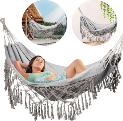 Produktbild von Outtec® Hängematte - 200x150 cm, bis 200kg - Boho Baumwoll Hammock für Outdoor, Garten, Balkon - für Kinder und Erwachsene - Grau