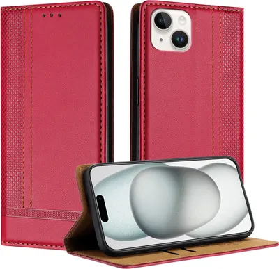 Produktbild von Handyhülle für iPhone 14 Plus Leder Flip Klappbare Schutzhülle mit Standfunktion Rot