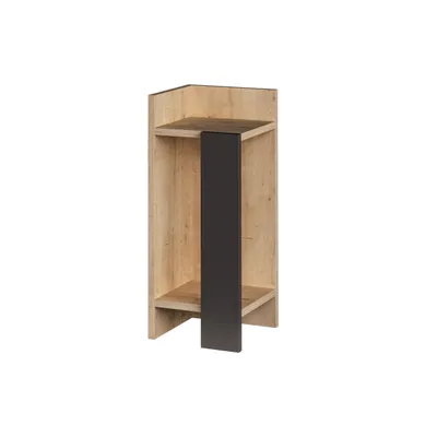 A modern nightstand with a wood finish and a dark gray accent.