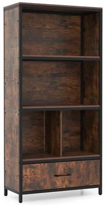 Produktbild von 4-stöckiges Bücherregal mit offenen Fächern und Stoffschublade, Braun