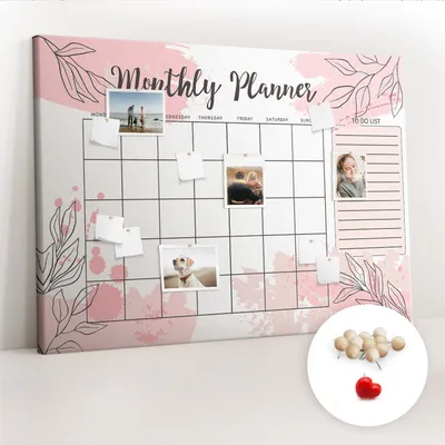 Produktbild von Korkwand mit Stecknadeln – Pinnwand mit Stecknadeln für Fotos und Notizen – 140x100 cm – 100 Holz-Stecknadeln – Rosa Monatsplaner